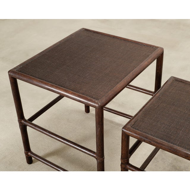 Wood Nest of Three McGuire Rattan Cane Raffia and Oak Side Tables For Sale - Image 7 of 18