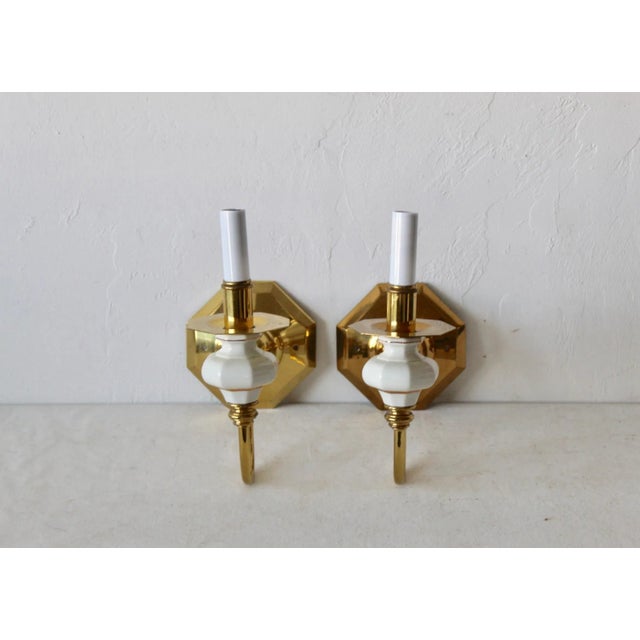Pair of Vintage 1960's Quoizel Special Collection Sconces Genuine Porcelain/24K Gold Trim, brass fluted arms and hand...