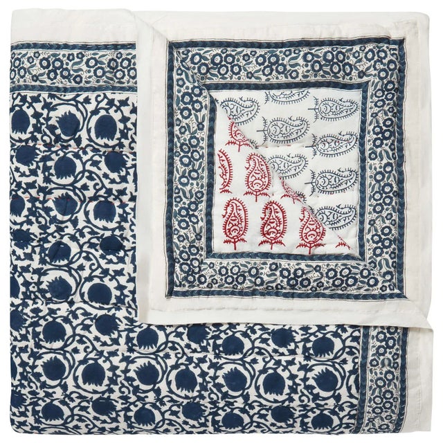 Checkerboard-Lotus Twin Blue & Red Reversible Quilt For Sale - Image 6 of 6