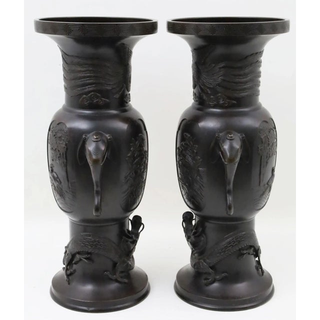 Japanese Large Meiji Japanese Patinated Bronze Vases - A Pair For Sale - Image 3 of 7