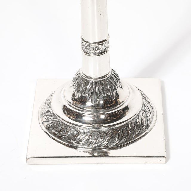 Neoclassical Pair of Silver Corinthian Column & Acanthus Sabbath Candlesticks by Ludwig Nast For Sale - Image 3 of 18