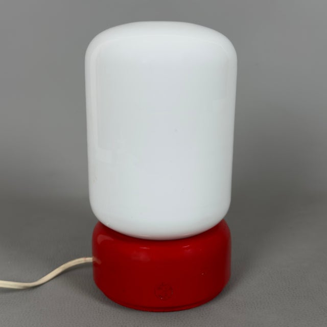 Space Age White Opal Glass Capsule Table Lamp with Red Wood Base, 1970s For Sale - Image 15 of 15