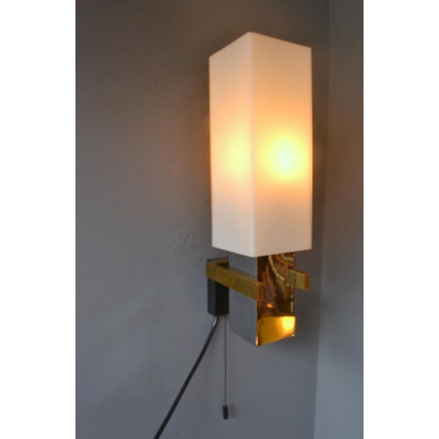 Mid-Century Modern Italian Brass, Chrome Plating, and Opaline Glass Sconces, 1960s, Set of 2 For Sale - Image 3 of 8