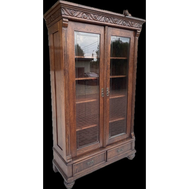 Metal Antique Neo-Renaissance Oak Display Cabinet, 1910 For Sale - Image 7 of 18