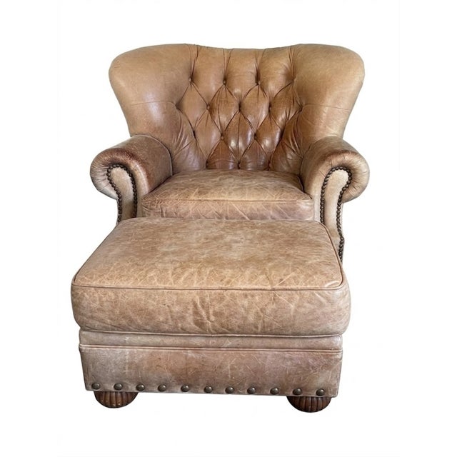 1990s Vintage Bradington-Young Hand-Brushed Aniline Leather Tufted English Club Suite With Wingback Chair, Ottoman and Loveseat For Sale - Image 5 of 14