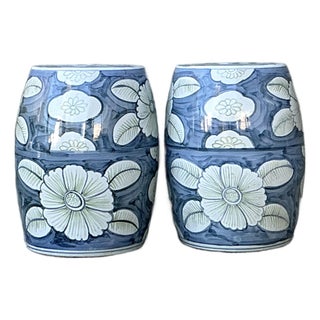 Vintage Glazed Ceramic Floral Garden Stools - A Pair For Sale
