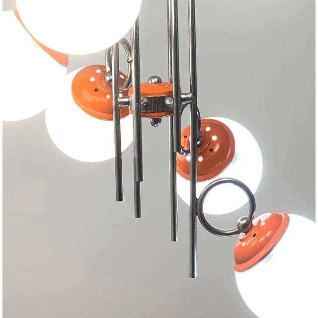Orange and Chrome Sputnik Six Lamp Pendant Light, 1960s For Sale - Image 4 of 5
