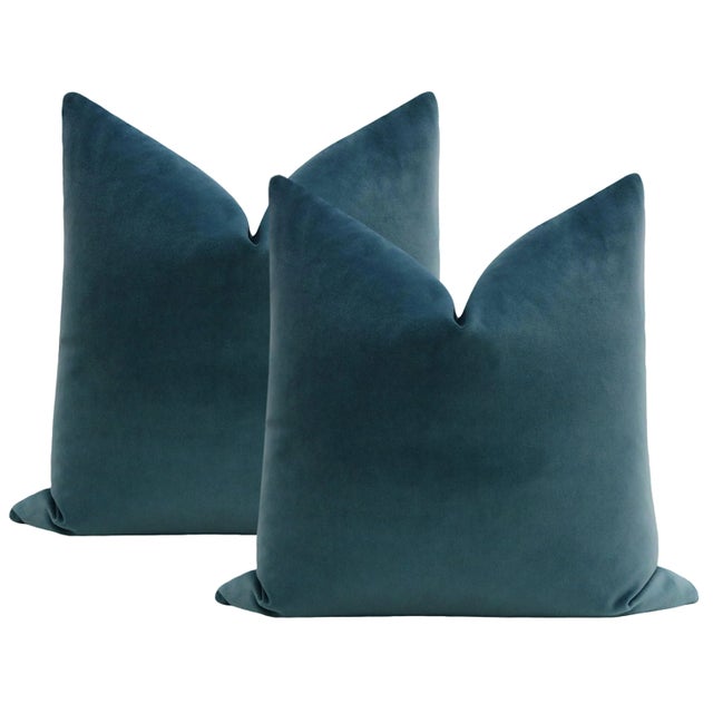 22" French Blue Contemporary Velvet Pillows - a Pair For Sale - Image 4 of 4