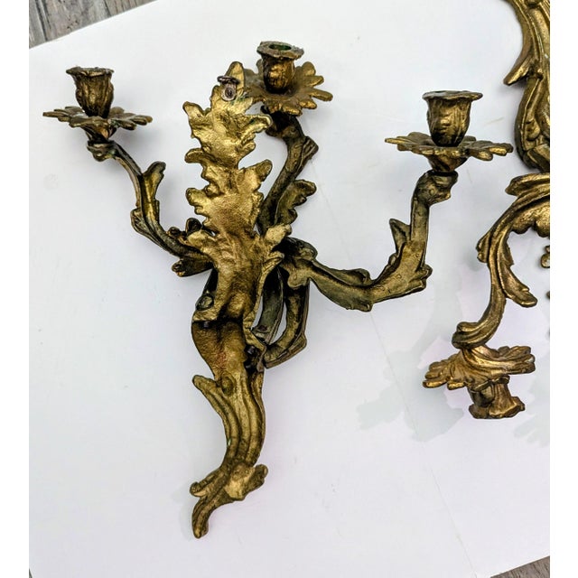 Rococo 1920s Pair of 3 Arm Rococo Style Candle Sconces in Brass For Sale - Image 3 of 8