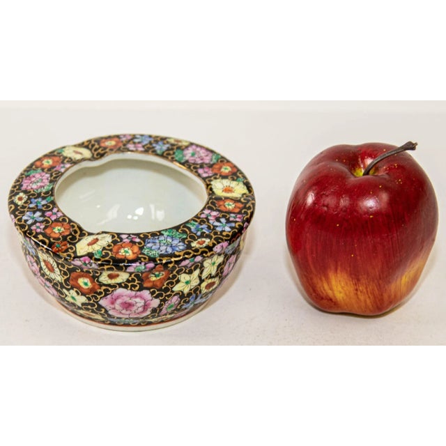 Vintage Asian Porcelain Hand Painted Black Floral Ashtray China For Sale - Image 11 of 13