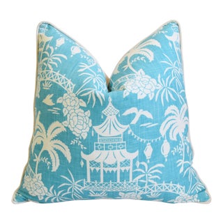 Aqua & White Chinoiserie Asian Linen & Velvet Feather/Down Pagoda Pillow 26" Square For Sale