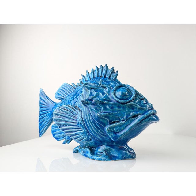 Italian Art Deco Blue Glazed Scorfano Fish Sculpture by Guido Cacciapuoti, 1930s For Sale - Image 3 of 18