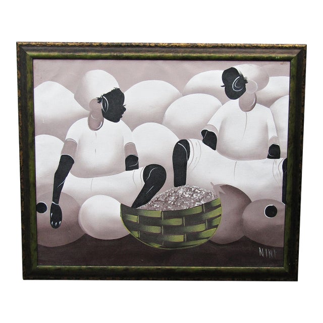 1980s Signed Nini Haitian Style Original Oil Painting, Professionally Framed For Sale