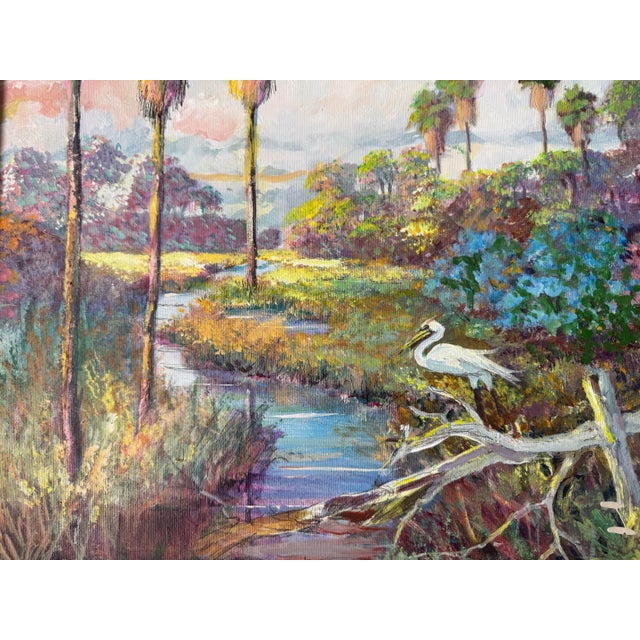 Vintage Tropical Florida Highwaymen–Style Oil on Canvas Painting With Egret, Framed For Sale - Image 9 of 12