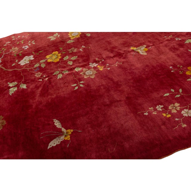 Textile Antique Red Art Deco Chinese Handmade Wool Rug For Sale - Image 7 of 11