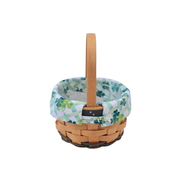 Vintage, like new condition, green and natural maple wood round "Lucky You Basket" with single fixed handle, handwoven by...