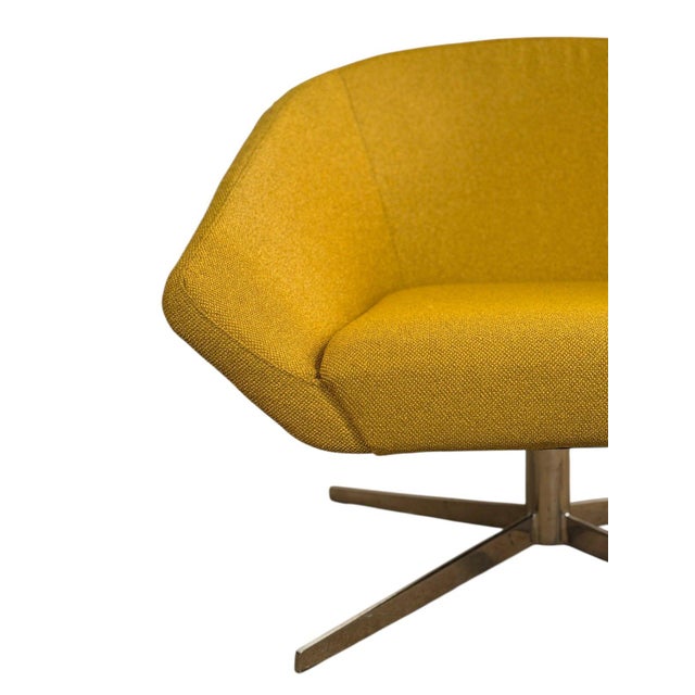 Freshly reupholstered in a warm, mustard-colored woven fabric, this Remy lounge chair by Jeffrey Bernett for Bernhardt...