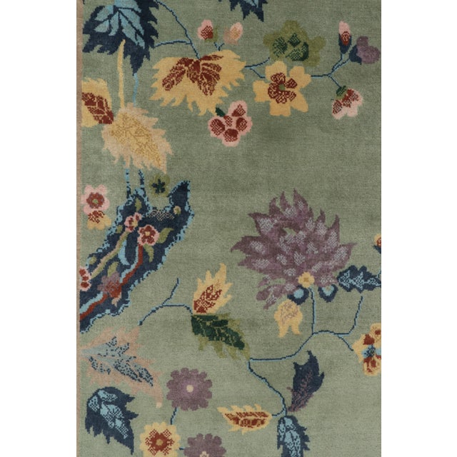 Rug & Kilim Chinese Style Art Deco Rug in Green with Blue Border & Floral Patterns - 12'x14' For Sale In New York - Image 6 of 8