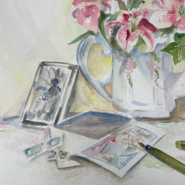 1980’s Original Impressionist Pink Lilies Still Life Watercolor Painting For Sale - Image 4 of 5