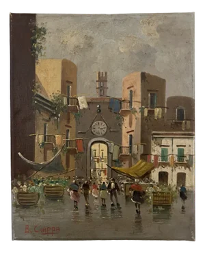 B. Ciappa, Place du village animée, Oil on Canvas