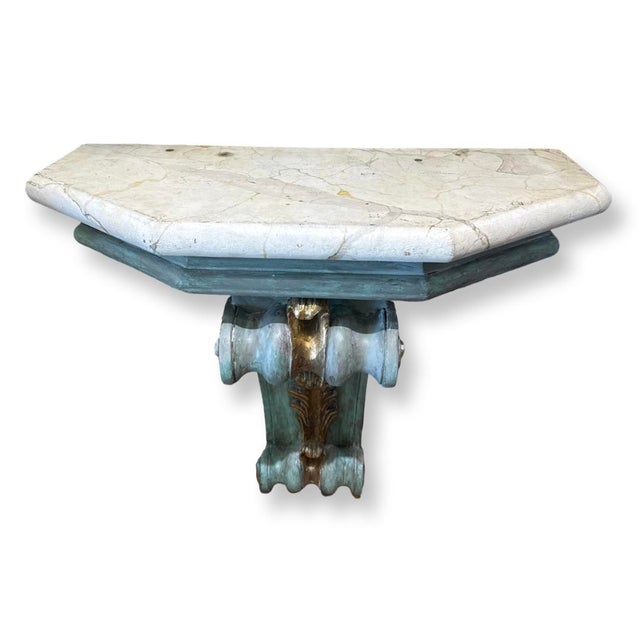 Antique Italian Carved Wood And Gilded Details With Faux Marble Top Wall Console