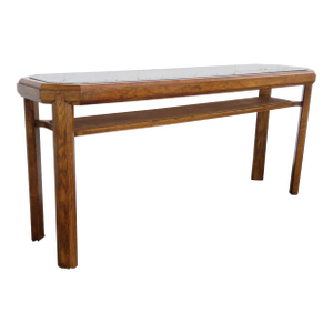 Hollywood Regency Wood and Caning Glass Long Narrow Library Console Table 5770