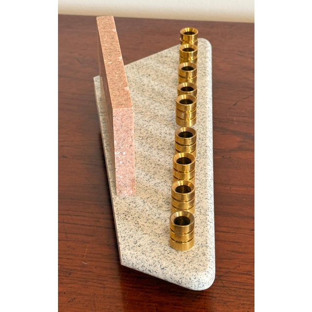 1980s Vintage Stone and Brass Hanukkah Menorah With Western Wall Design For Sale - Image 5 of 6