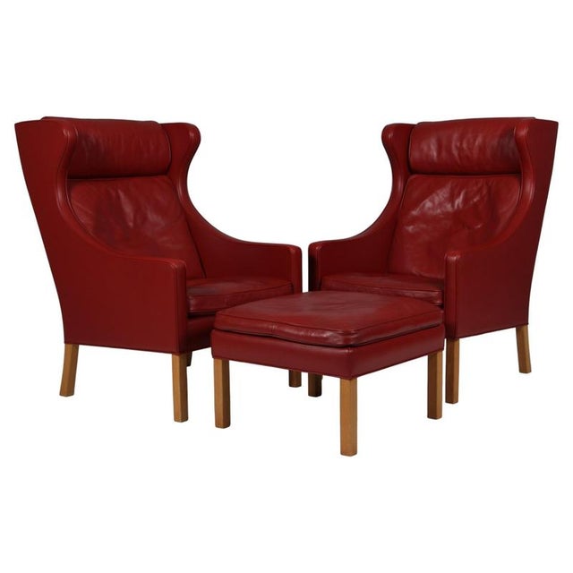 Model 2202 / 2204 Wingback Chairs and Ottoman in Leather attributed to Børge Mogensen for Fredericia, 1980s, Set of 3 For Sale - Image 10 of 10