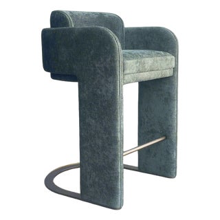 Indigo Upholstered Counter Chair in Green with Brass Base For Sale