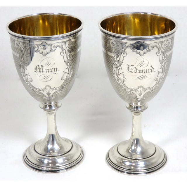1850s American Coin Silver 'Edward and Mary' Wedding Set Goblets - a Pair For Sale - Image 13 of 13
