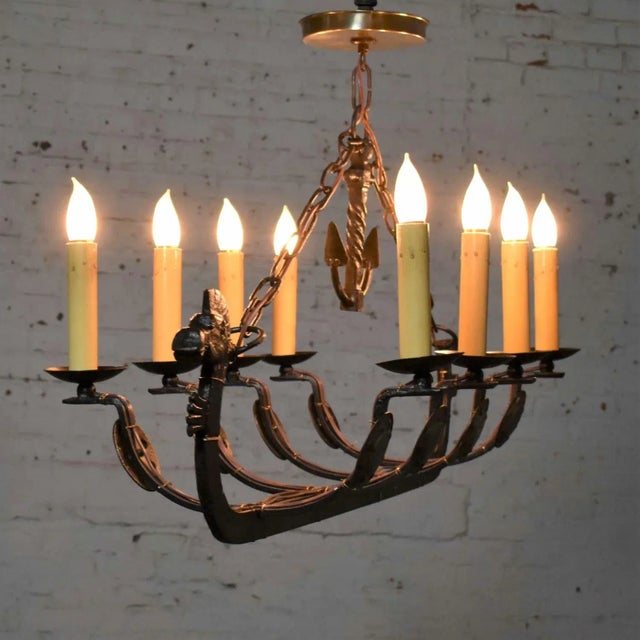 Antique Gothic or Spanish Revival Style Cast Iron Chandelier Viking Longboat Ship With Horse Head and Shields For Sale - Image 11 of 13