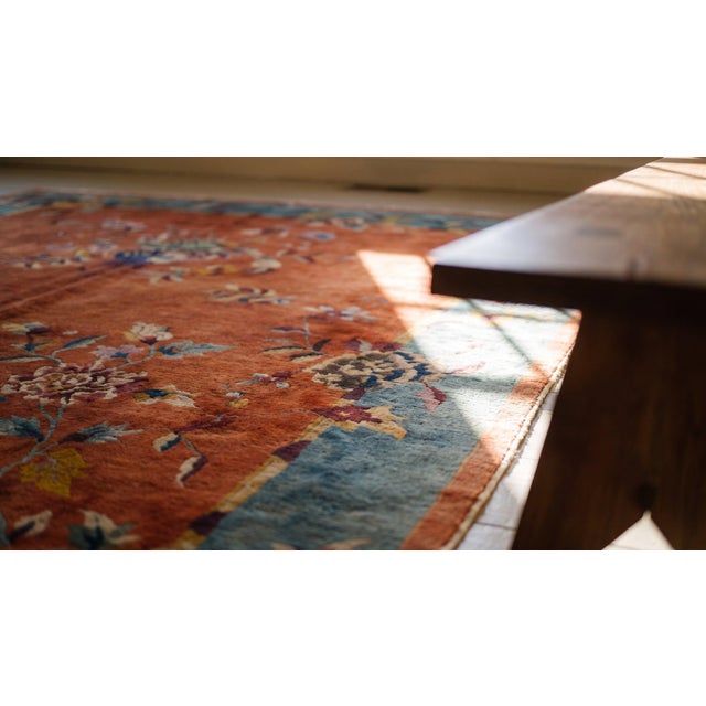 1920s Burnt Orange Floral Antique Chinese Art Deco Carpet 8' 9" X 11' 3" Knotted Wool Rug For Sale - Image 14 of 15