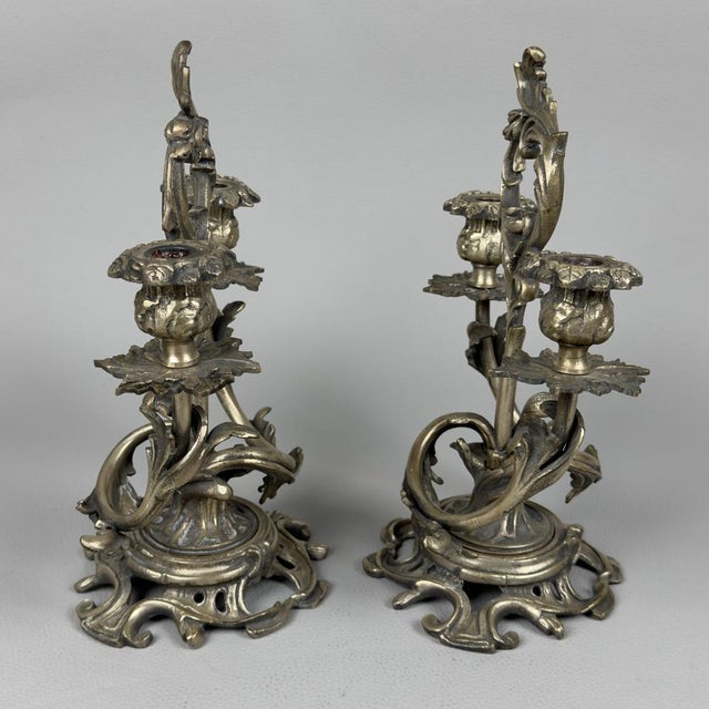Art Nouveau Silver-Plated Brass Candelabras, Set of 2 For Sale - Image 5 of 14