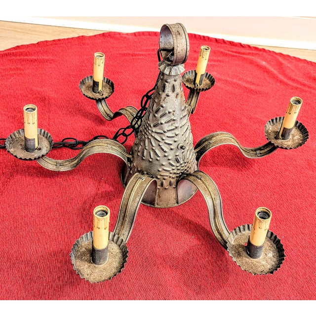 Vintage Hand-Punched Tin Witch's Hat 6-Arm Chandelier – By Irvin's Country Tinware For Sale In Raleigh - Image 6 of 18