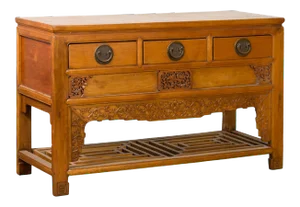 Chinese Qing Dynasty 19th Century Waisted Sideboard with Carved Floral Motifs