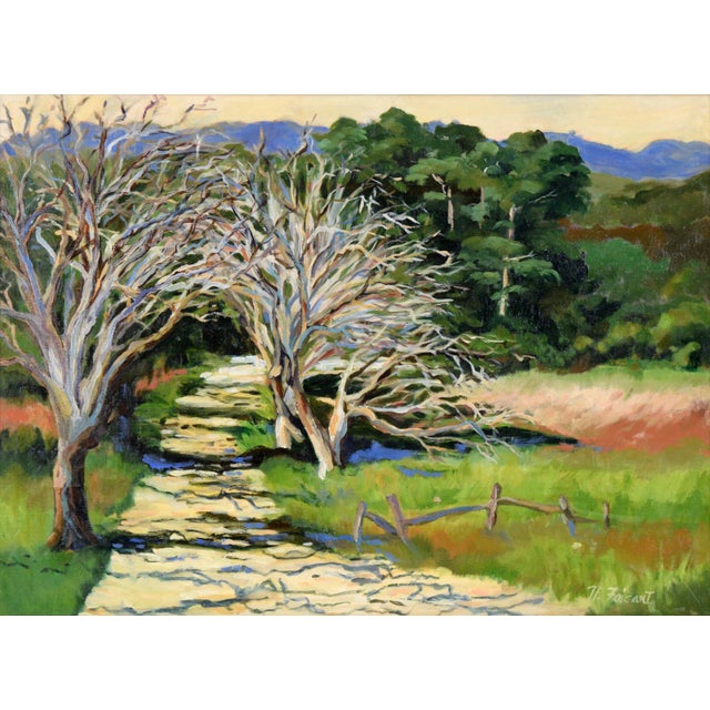 Shaded Path in the California Hills - Oil on Canvas (Laid on Board) Beautiful and colorful California landscape of trees...
