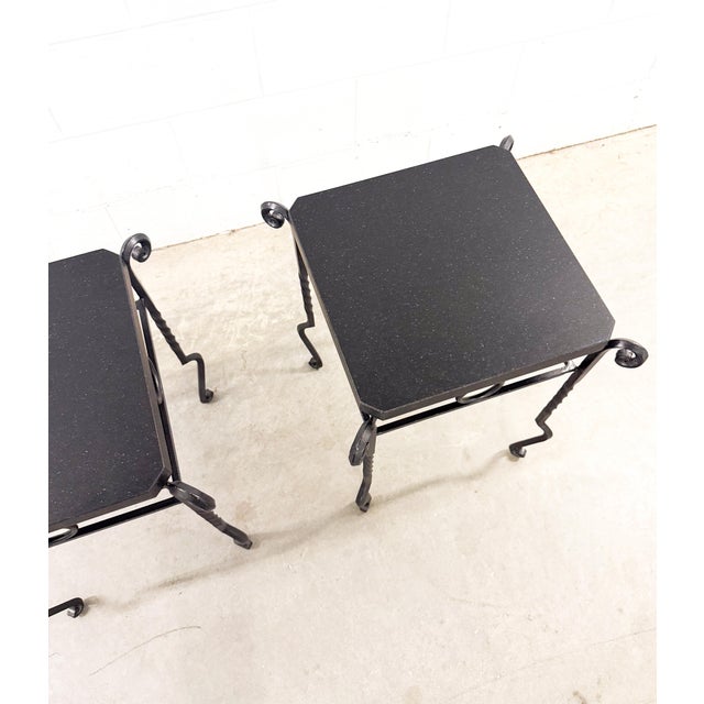 Metal Late 20th Century Pair of Art Deco Giacometti Style Wrought Iron and Granite Side Tables For Sale - Image 7 of 11