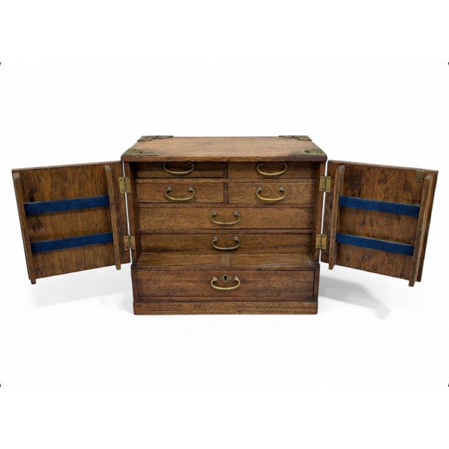 This striking vintage wooden jewelry / stationery box showcases classic Chinoiserie elegance with rich dark hardwood and...
