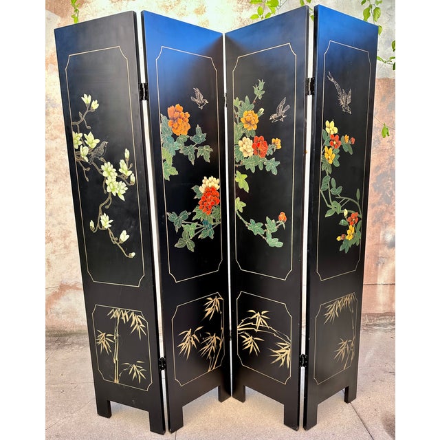 Mid 20th Century Chinese Wood Screen With Hardstones | Chairish
