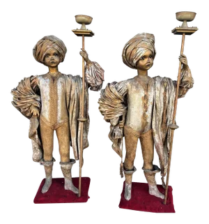 Theatrical Middle Eastern Child Size Figures W/Gold Costumes Turban Torches - A Pair