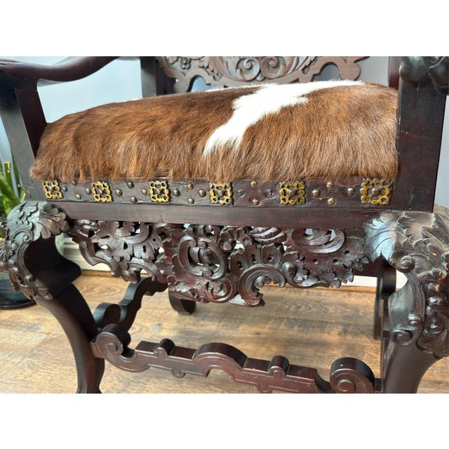 Antique Renaissance Revival Carved Walnut Throne Chair, Cowhide Seat For Sale - Image 12 of 17