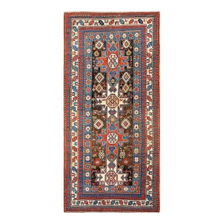 1890s Brown Geometric Antique Caucasian Rug 4'0"x 8'0" Handknotted Wool Carpet For Sale