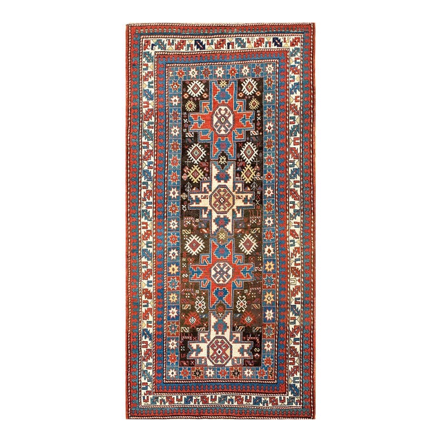 1890s Brown Geometric Antique Caucasian Rug 4'0"x 8'0" Handknotted Wool Carpet For Sale