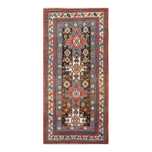 1890s Brown Geometric Antique Caucasian Rug 4'0"x 8'0" Handknotted Wool Carpet