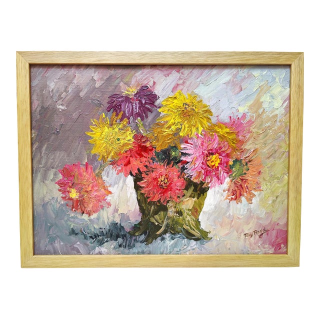 Vintage Impressionist Impasto Dahlias in Vase Floral Still Life Acrylic Painting 17x13 For Sale