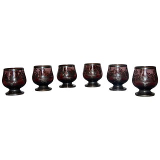 Early 20th Century Set of Six Amethyst With Silver Overlay Miniature Snifters For Sale
