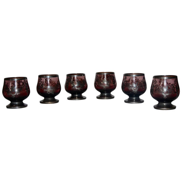 Early 20th Century Set of Six Amethyst With Silver Overlay Miniature Snifters For Sale