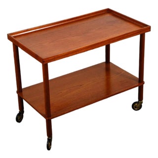 1960s Mid Century Danish Modern Serving Cart Trolley Teak Rolling Bar Glass Serving Vg For Sale