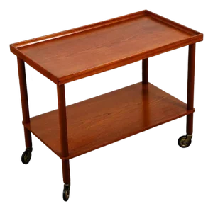1960s Mid Century Danish Modern Serving Cart Trolley Teak Rolling Bar Glass Serving Vg