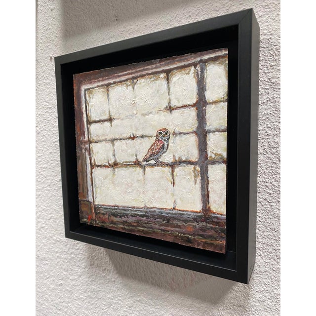 Early 21st Century Burrowing Owl Wyoming by Delton Demarest | Mixed Media Owl perched by a window. For Sale - Image 5 of 5